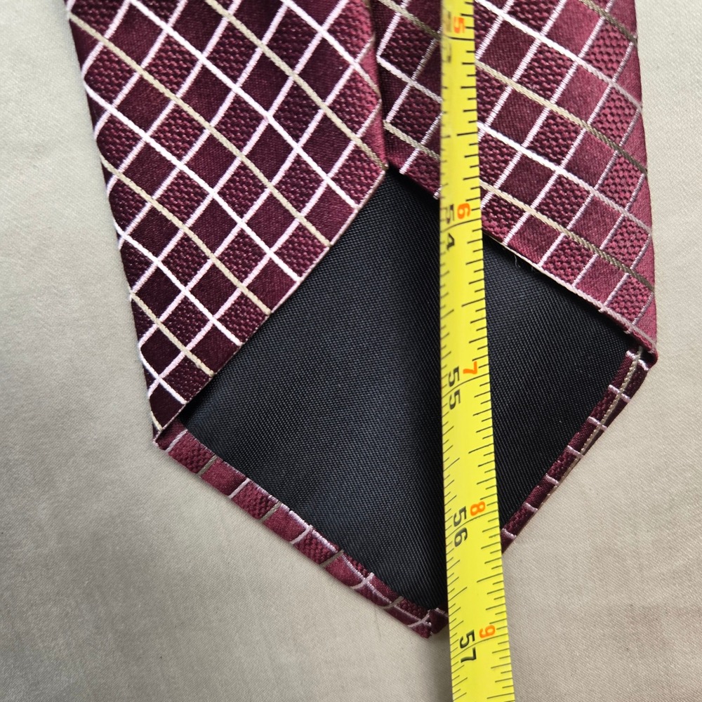 Michael Michael Kors Mens Silk Necktie Burgundy White Gold Grid Pattern 57x3.25 - Picture 8 of 9